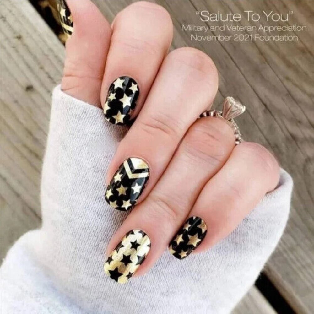 Color Street Nails SALUTE TO YOU Nail Polish Strips Black Gold Stars